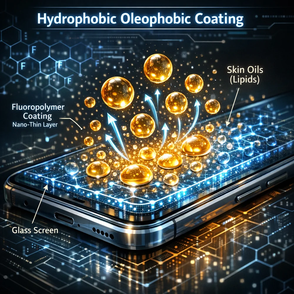 Scientific 3D model of 'Hydrophobic Oleophobic Coating' on a smartphone screen. Shows the nano-thin fluoropolymer layer repelling skin oils (lipids). High-tech engineering schematic, glowing molecular paths, 8k.