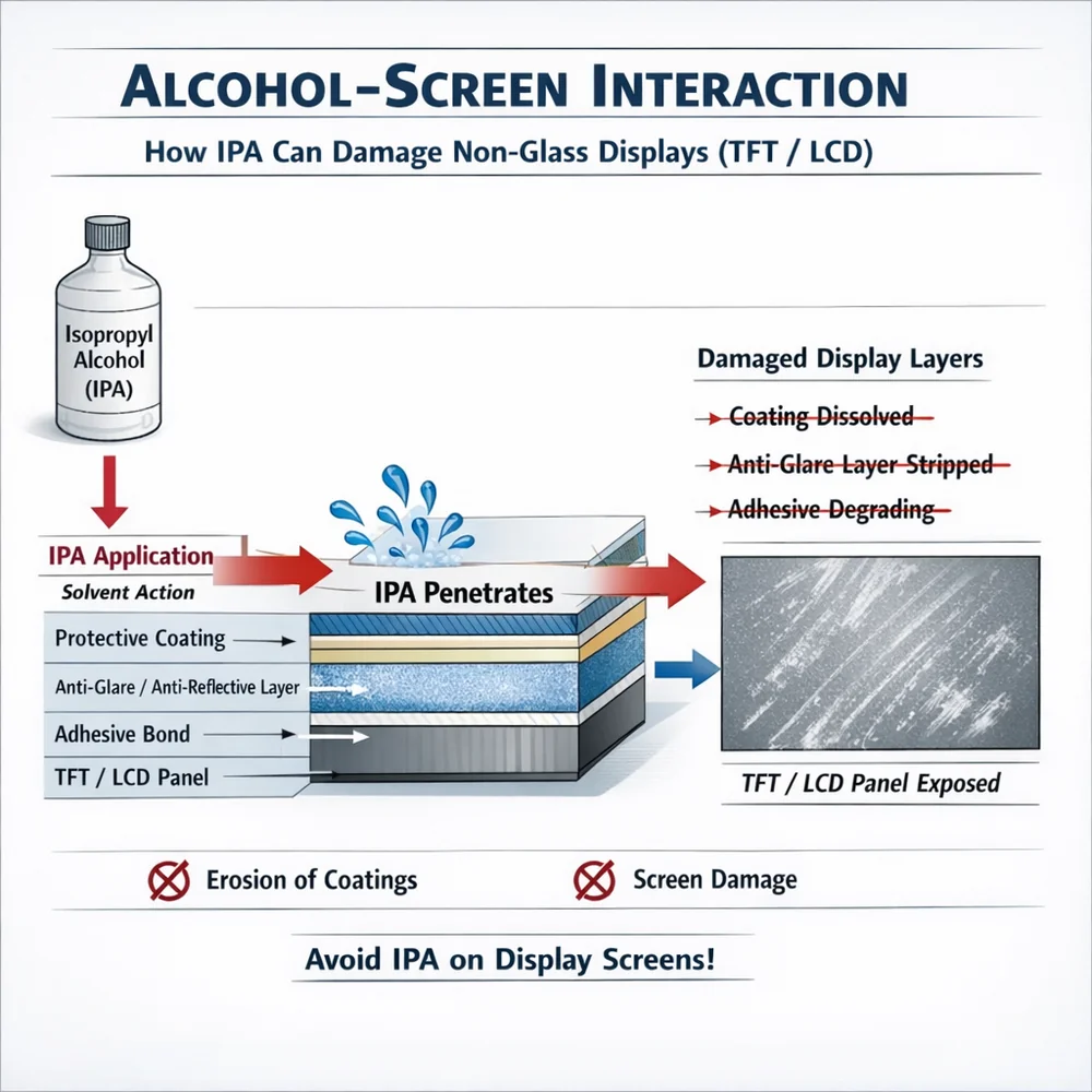 Technical diagram of 'Alcohol-Screen Interaction'. illustrates how Isopropyl Alcohol (IPA) can solubilize and strip the delicate coatings of non-glass displays (TFT/LCD). Engineering schematic with strike-through markers, clinical white background.
