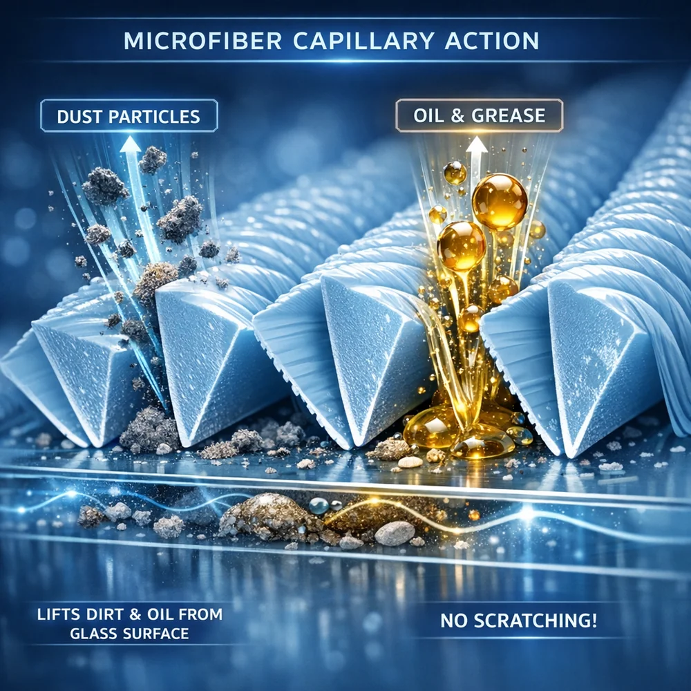 Molecular representation of 'Microfiber Capillary Action'. shows the microscopic wedge-shaped fibers lifting dust and oil from a glass surface without scratching. High-tech medical animation style, clinical blue aesthetic, 4k.
