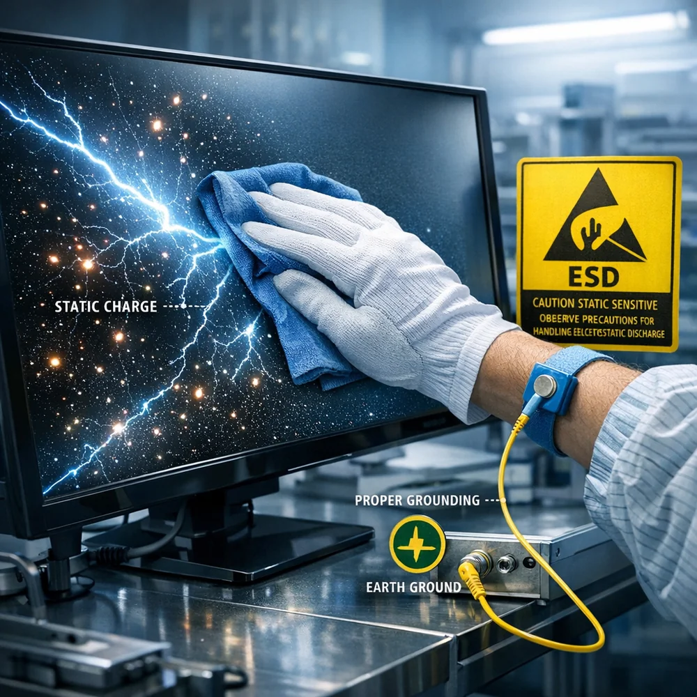 Visualization of 'Electrostatic Discharge' (ESD) hazard during cleaning. shows the buildup of static charge on a screen and the grounding protocol. technical optics visualization, glowing electrical sparks, professional lab aesthetic.
