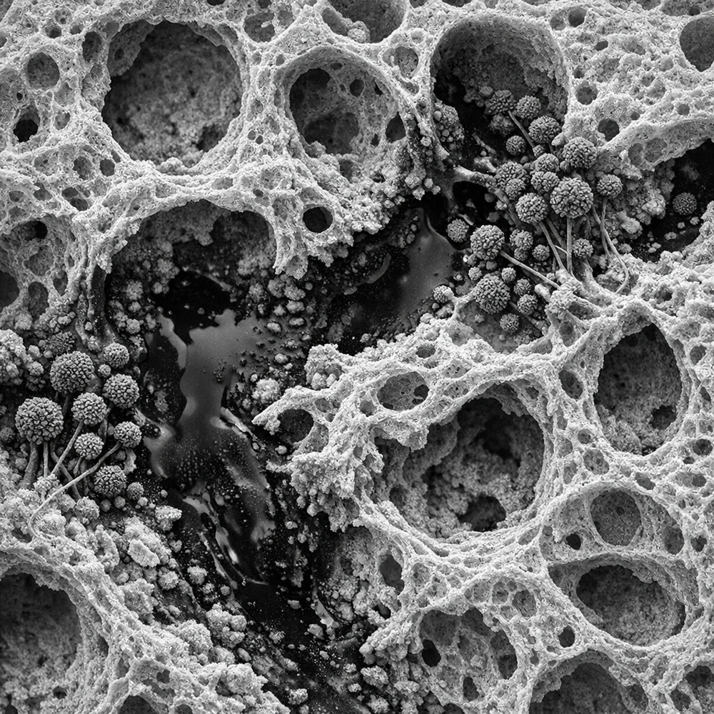 Microscopic view of 'Porosity' in cementitious grout. shows the sponge-like internal structure being penetrated by dark liquid stains and mold spores. Scientific monochrome aesthetic, sharp detail, 8k resolution.
