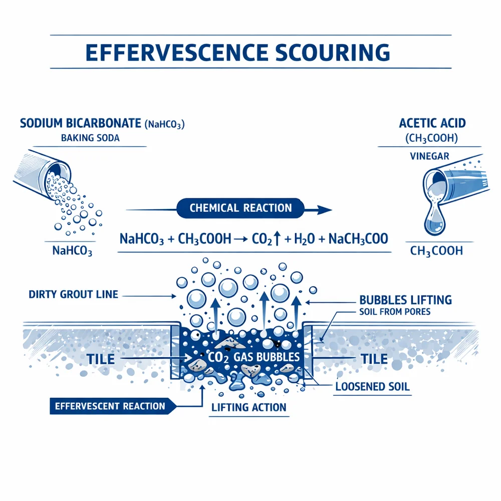 Technical diagram of 'Effervescence Scouring'. illustrates how the reaction between sodium bicarbonate and acetic acid creates mechanical gas bubbles that lift soil from grout pores. Engineering schematic, clinical blue and white.