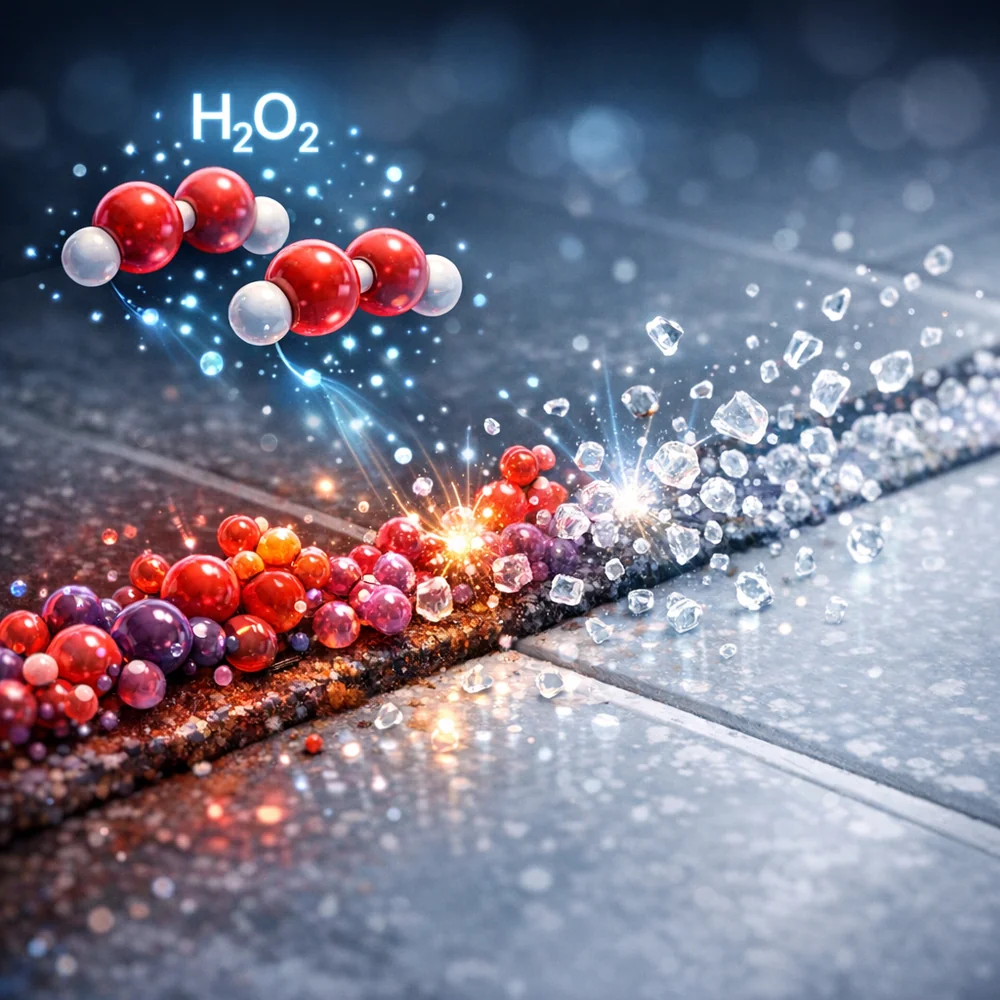 Molecular visualization of 'Hydrogen Peroxide' (H2O2) oxidizing organic chromophores in a stained grout line. Shows the color-molecules breaking into clear fragments. High-tech medical animation style, glowing oxidative particles.