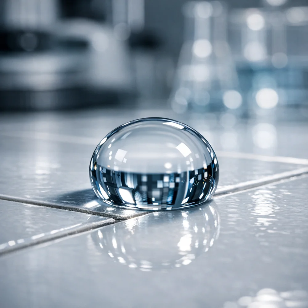 Laboratory photograph of 'Fluoropolymer Sealing'. shows a drop of water beading up with a high contact angle on a freshly sealed tile surface. technical optics visualization, professional lighting, photorealistic 8k.