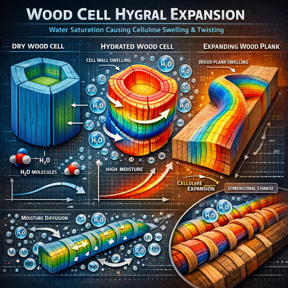 Scientific 3D model of 'Wood Cell Hygral Expansion'. Shows how water saturation causes the cellulose cell walls in a hardwood plank to swell and twist. High-tech engineering schematic, thermal heat maps, 8k.