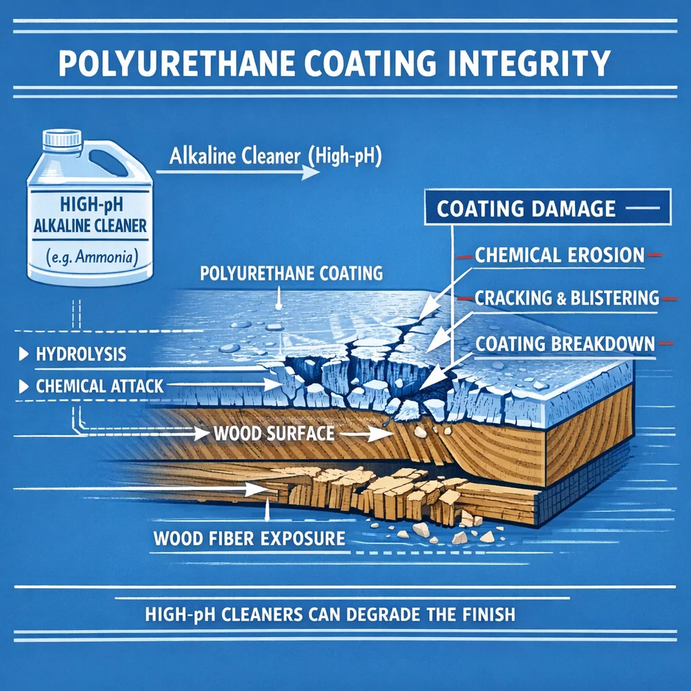 Technical diagram of 'Polyurethane Coating Integrity'. illustrates how high-pH alkaline cleaners (like ammonia) chemically erode the protective finish on hardwood. Engineering schematic, strike-through markers, clinical blue background.