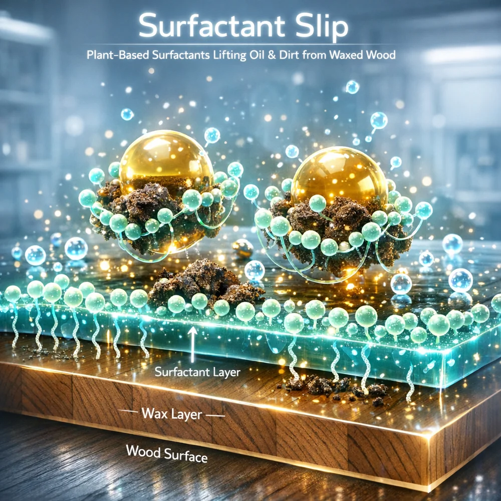 Molecular visualization of 'Surfactant Slip'. shows a micro-thin layer of plant-based surfactants lifting oil and dirt from a wood floor while preserving the wax finish. High-tech medical animation style, glowing chemical particles, clean lab aesthetic.