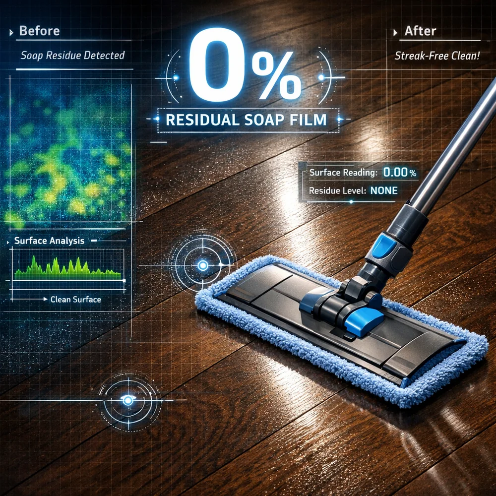 Visualization of 'Streak-Free Floor Cleaning'. shows a microfiber mop in action with diagnostic data overlay showing 0% residual soap film left on the dark oak surface. technical optics visualization, professional lighting, 4k.
