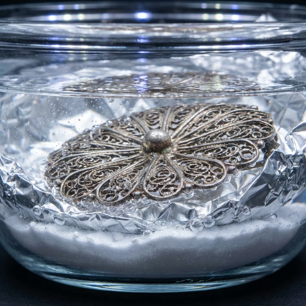 A piece of tarnished silver jewelry being cleaned on aluminum foil in a bowl of baking soda solution.