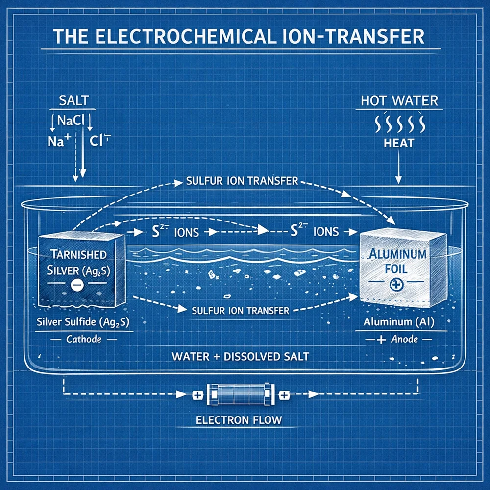 Technical diagram of 'The Electrochemical Ion-Transfer'. illustrates how aluminum foil, salt, and hot water transfer sulfur ions from silver back to the aluminum. Engineering blueprint style, ion-path vectors, clinical blue.