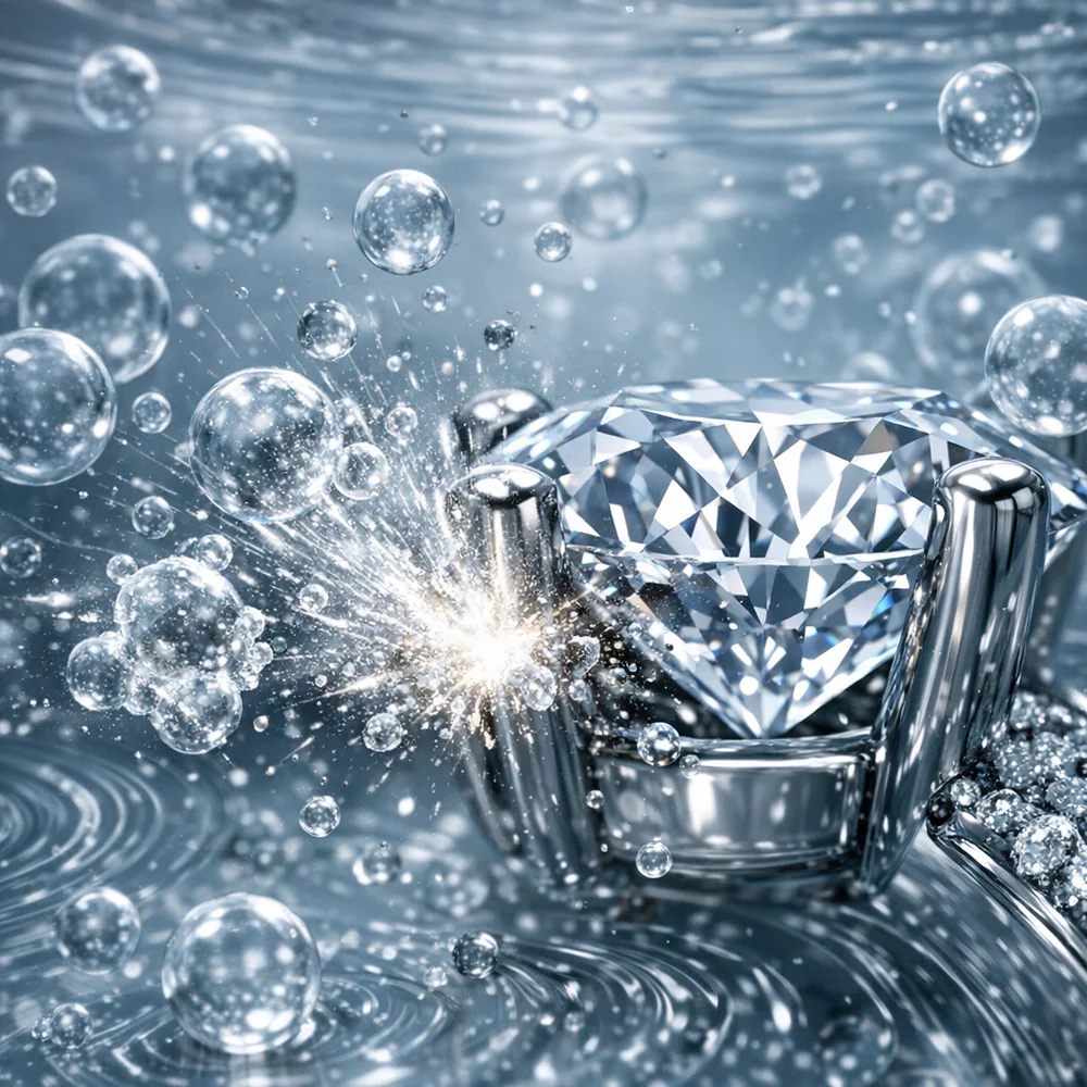 Molecular visualization of 'Ultrasonic Cavitation' in jewelry cleaning. shows microscopic vacuum bubbles imploding near a diamond setting to blast away oils. High-tech medical animation style, fluid dynamics, clean lab aesthetic.