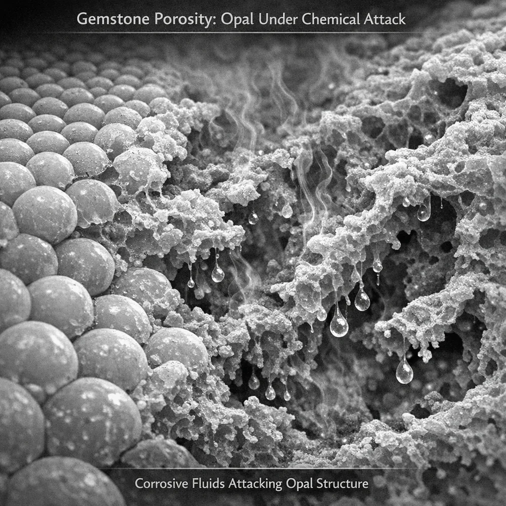 Microscopic view of 'Gemstone Porosity'. shows the delicate organic structure of an Opal being attacked by harsh chemicals, highlighting the need for pH-neutral cleaning. Scientific monochrome aesthetic, sharp detail, 4k.