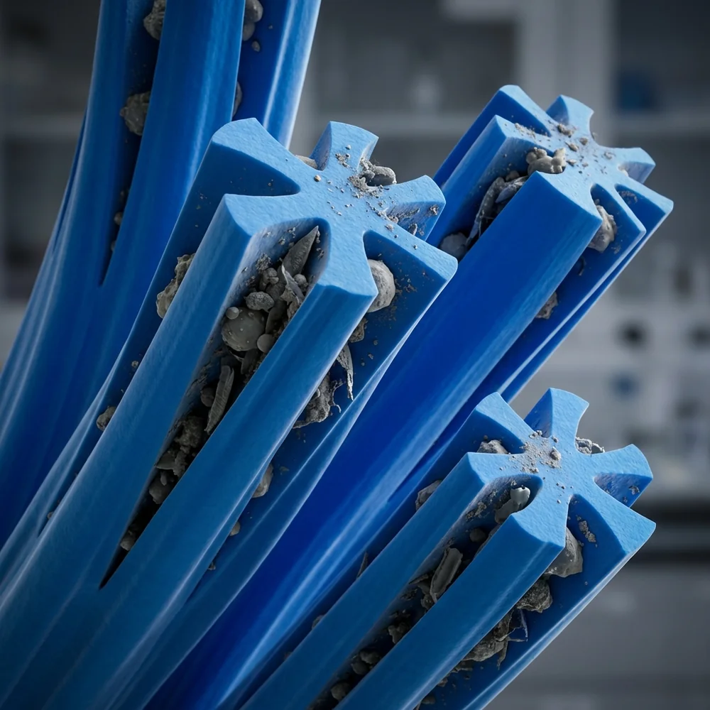 A microscopic close-up of split-fiber microfiber strands effectively trapping dust particles.