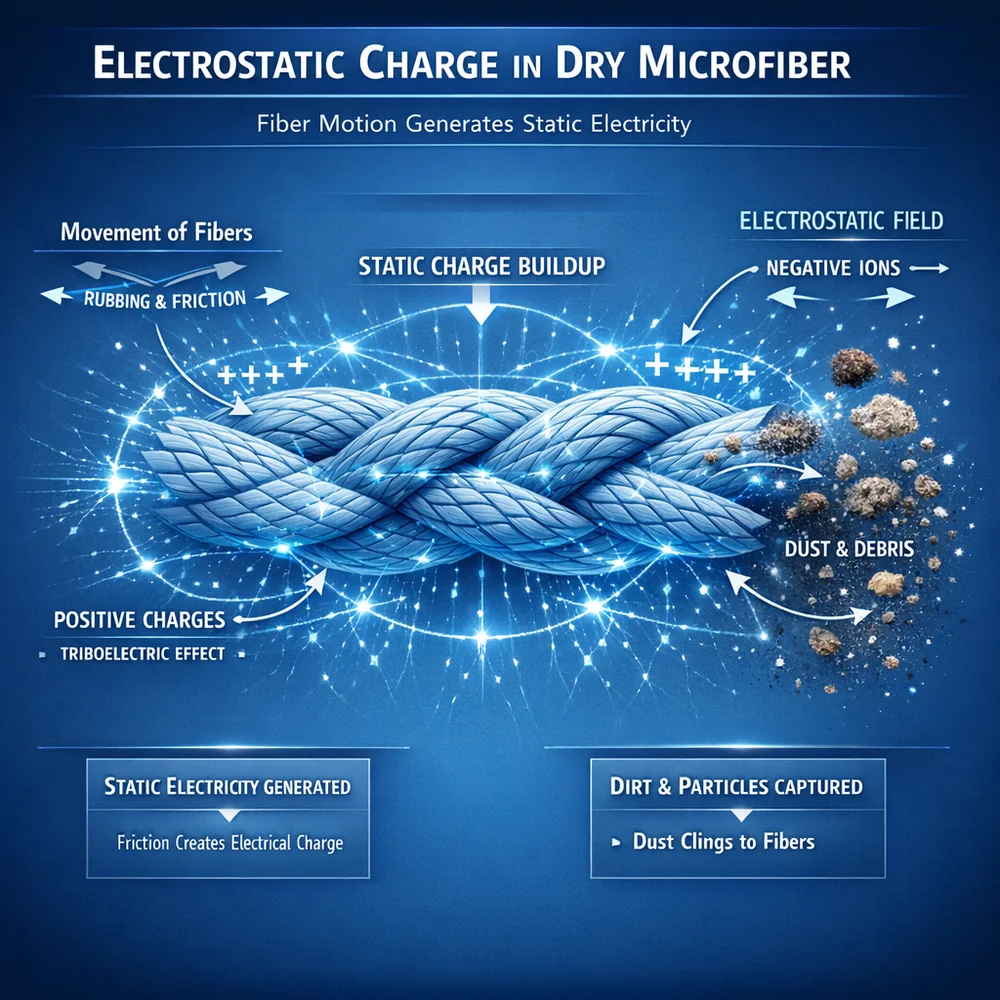 Technical diagram of 'Electrostatic Charge' in dry microfiber. illustrates how the motion of the fibers generates static electricity to attract and hold dirt. Engineering schematic, glowing electrical fields, clinical blue background.