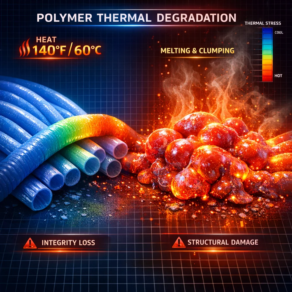 Molecular visualization of 'Polymer Thermal Degradation'. shows microfiber filaments melting and clumping together when exposed to 140F (60C) heat. High-tech medical animation style, thermal heat maps, cautionary tone.