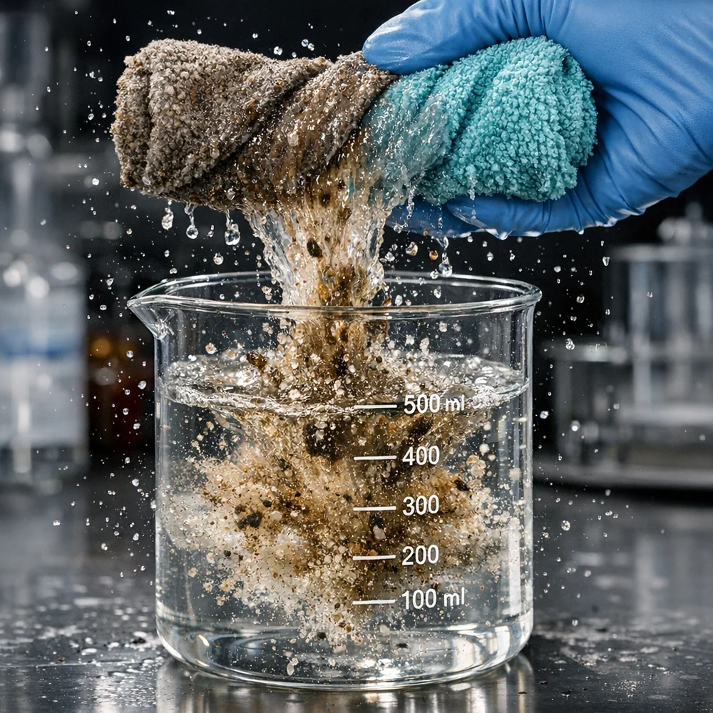 Laboratory photograph of 'Rinse Efficiency Test'. shows a microfiber cloth releasing captured dirt into a clear beaker of water after being treated with a specialized detergent. High-speed scientific capture, professional lighting.