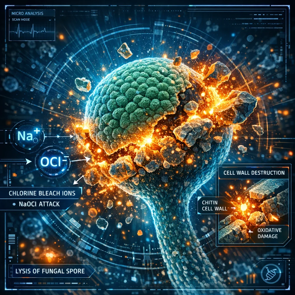 Scientific illustration of fungal lysis. Chlorine bleach ions (NaOCl) attacking and rupturing the chitinous cell walls of a mildew spore (Aspergillus). Microscopic perspective, glowing oxidative particles, high-tech medical interface style, vivid blue and orange colors.