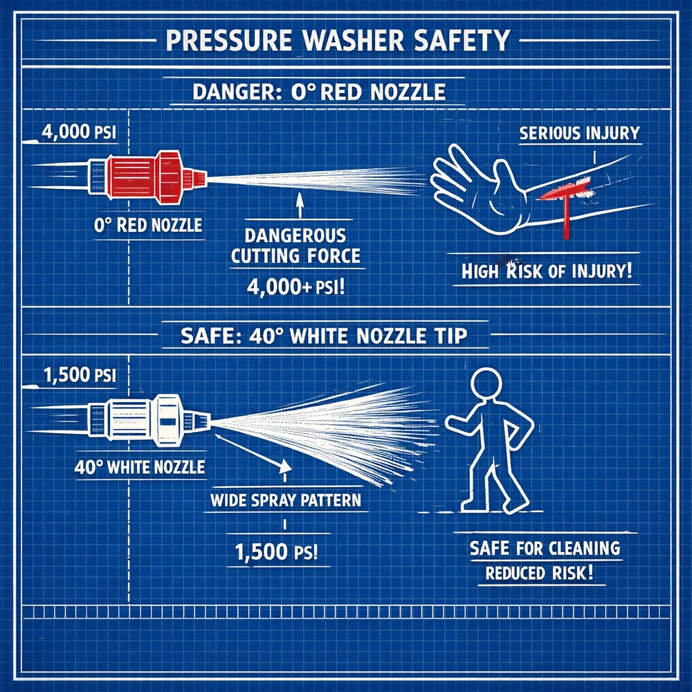 Technical diagram of pressure washer safety. Illustrates the difference between a dangerous 0-degree red nozzle (concentrated cutting force) and a safe 40-degree white fan tip (distributed kinetic energy). Engineering blueprint style with PSI markers, clean and authoritative.