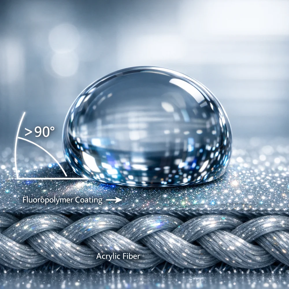 Visual representation of DWR (Durable Water Repellent) restoration. Shows a droplet of water with a high contact angle (>90 degrees) resting on a fluoropolymer-treated acrylic fiber. Technical optics visualization, shimmering coating, 8k resolution, clinical lab aesthetic.