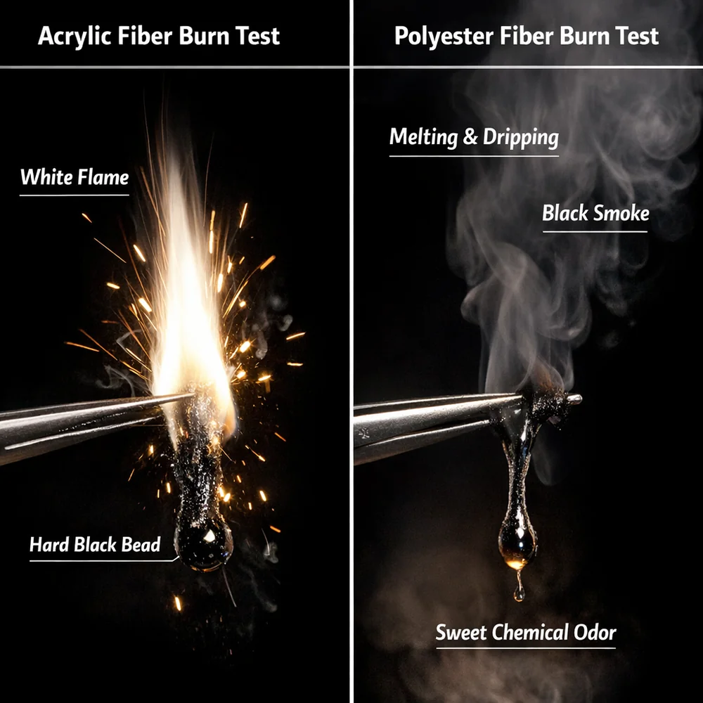 Split-screen scientific visualization of the 'Burn Test'. Left: Acrylic fiber sputtering with white flame and hard black bead. Right: Polyester fiber melting with black smoke and sweet chemical odor. High-speed laboratory photography, dark background with clinical labels.