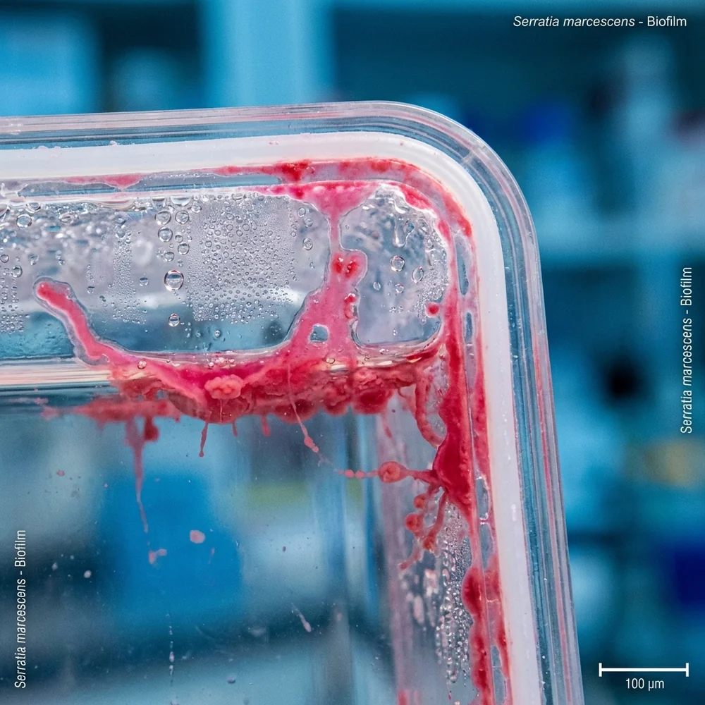 A close-up scientific illustration of pink slime biofilm (Serratia marcescens) colonizing the corner of a humidifier tank.