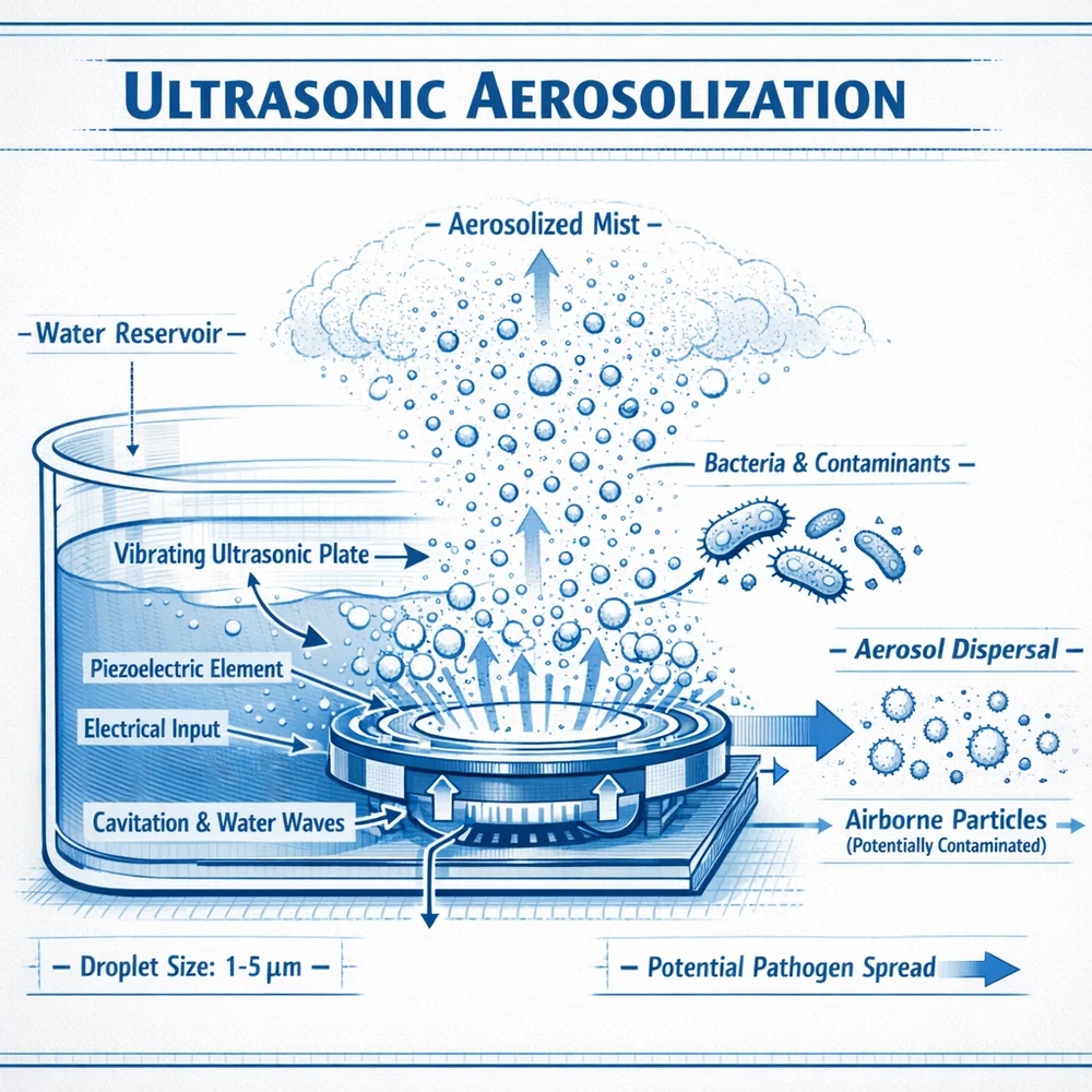 Technical diagram of 'Ultrasonic Aerosolization'. illustrates how an ultrasonic plate vibrates water into microscopic droplets, potentially carrying bacteria into the air. Engineering schematic, fluid dynamics, clinical blue aesthetic.