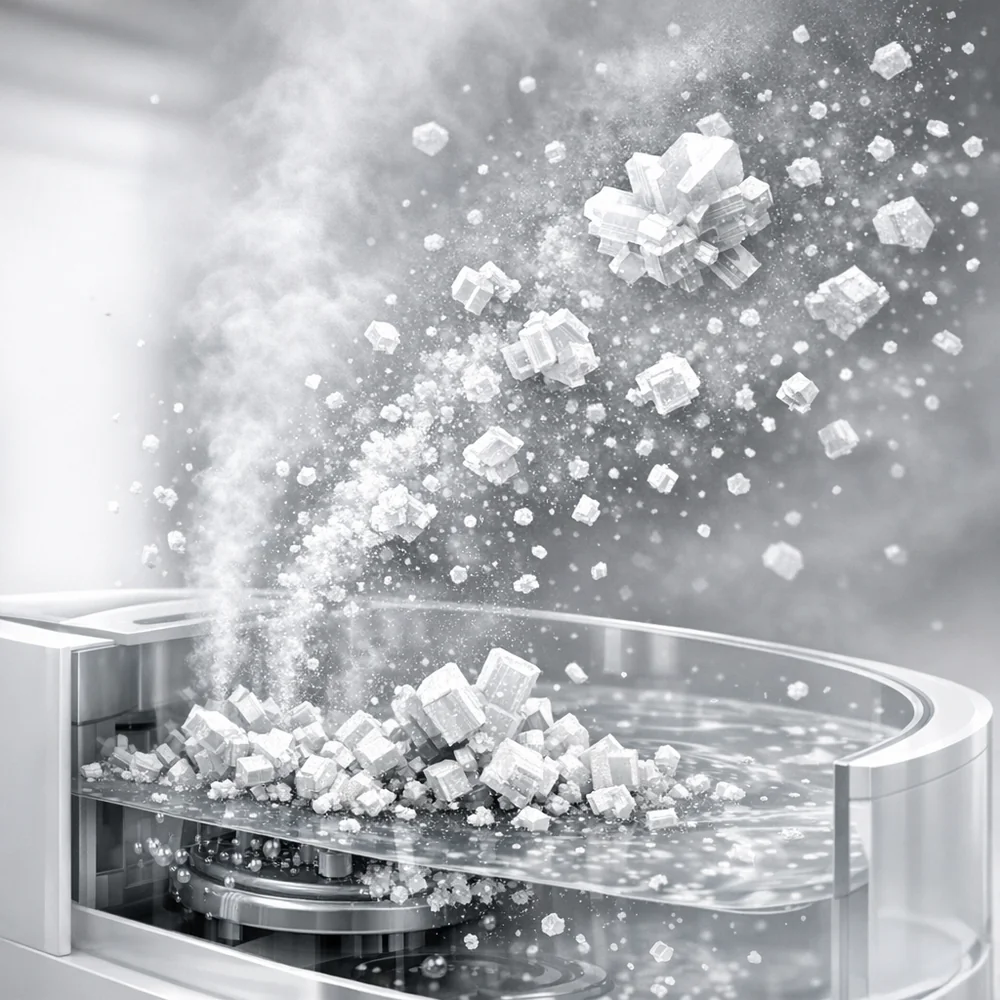 Molecular visualization of 'Mineral Scaling' (White Dust). shows calcium carbonate crystals forming in the humidifier tank and being propelled into the room. High-tech medical animation style, clinical grey and white, 4k.