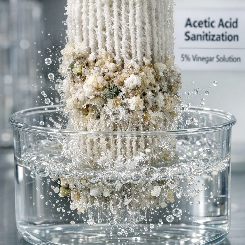 Laboratory photograph of 'Acetic Acid Sanitization'. shows mineral deposits on a humidifier wick dissolving in a 5% vinegar bath. High-speed scientific capture, sharp focus, sterile environment.
