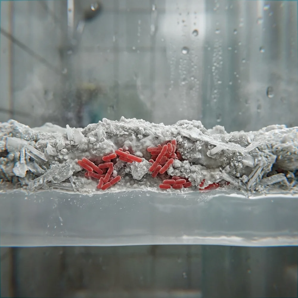 Mircoscopic cross-section of a shower liner surface showing a layer of calcium stearate (soap scum) trapping bacteria.
