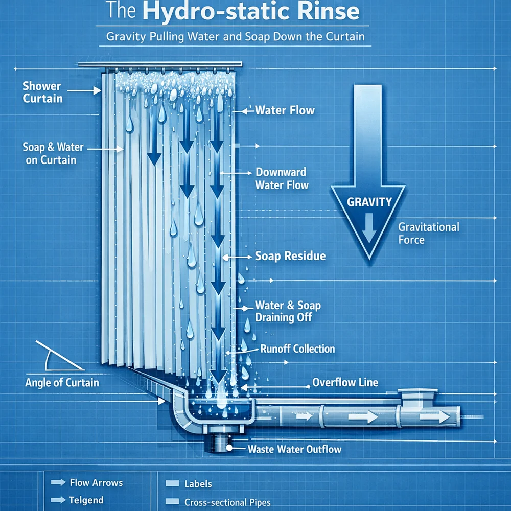 Technical diagram of 'The Hydro-static Rinse'. illustrates how gravity pulls water and soap from the curtain's vertical surface during a rinse cycle. Engineering schematic, water-flow vectors, clinical blue background.