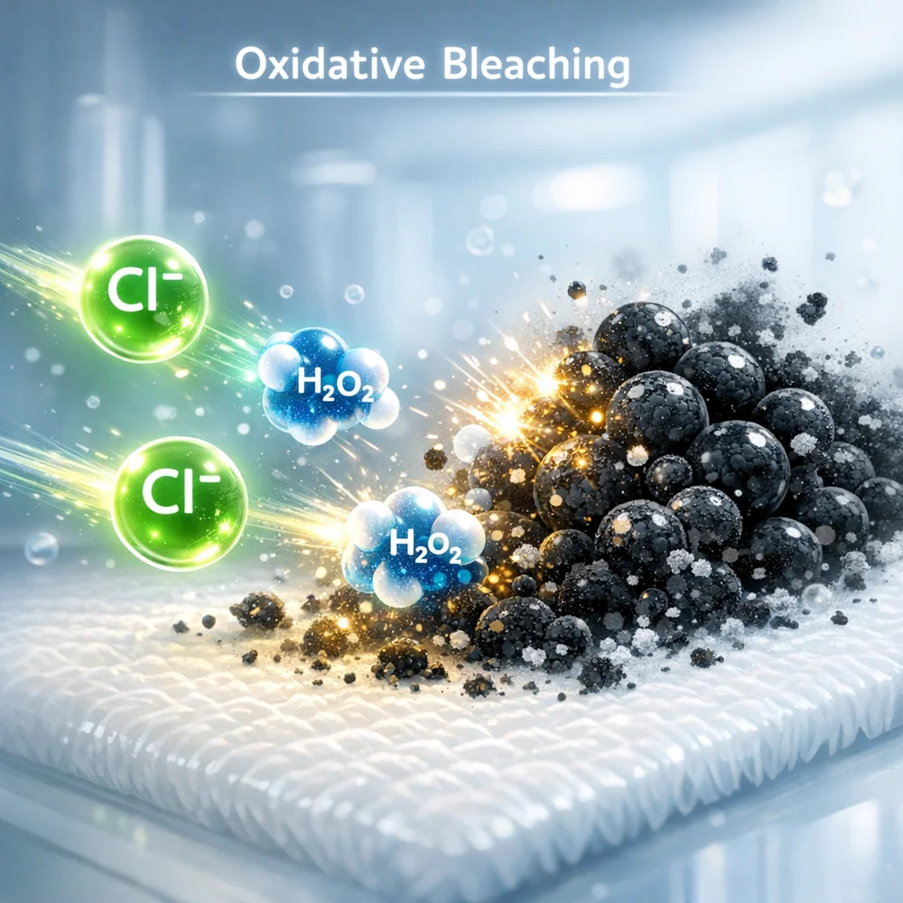Molecular visualization of 'Oxidative Bleaching'. shows chlorine or peroxide ions attacking the pigment molecules of black mold on a white liner. High-tech medical animation style, glowing oxidative particles, clean lab aesthetic.