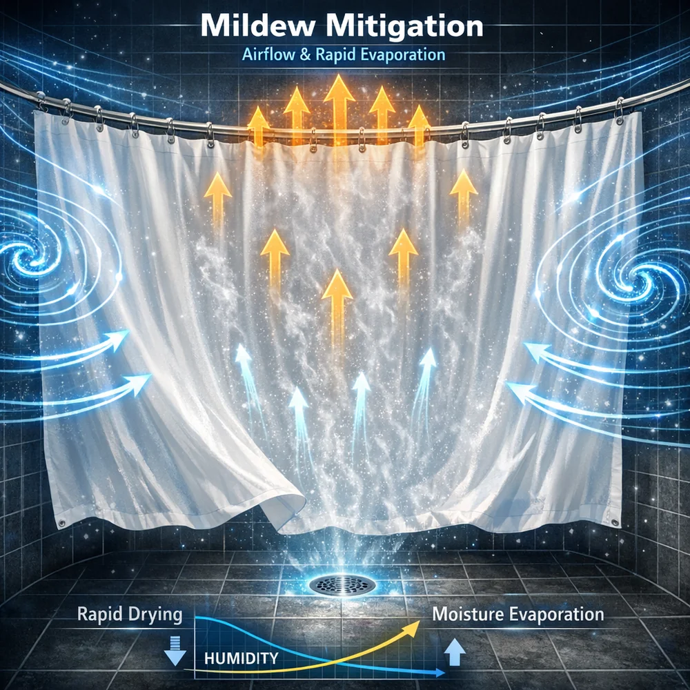 Visualization of 'Mildew Mitigation' with airflow. shows a shower curtain spread wide to maximize surface area and facilitate rapid evaporation. technical optics visualization, professional lighting, 4k.