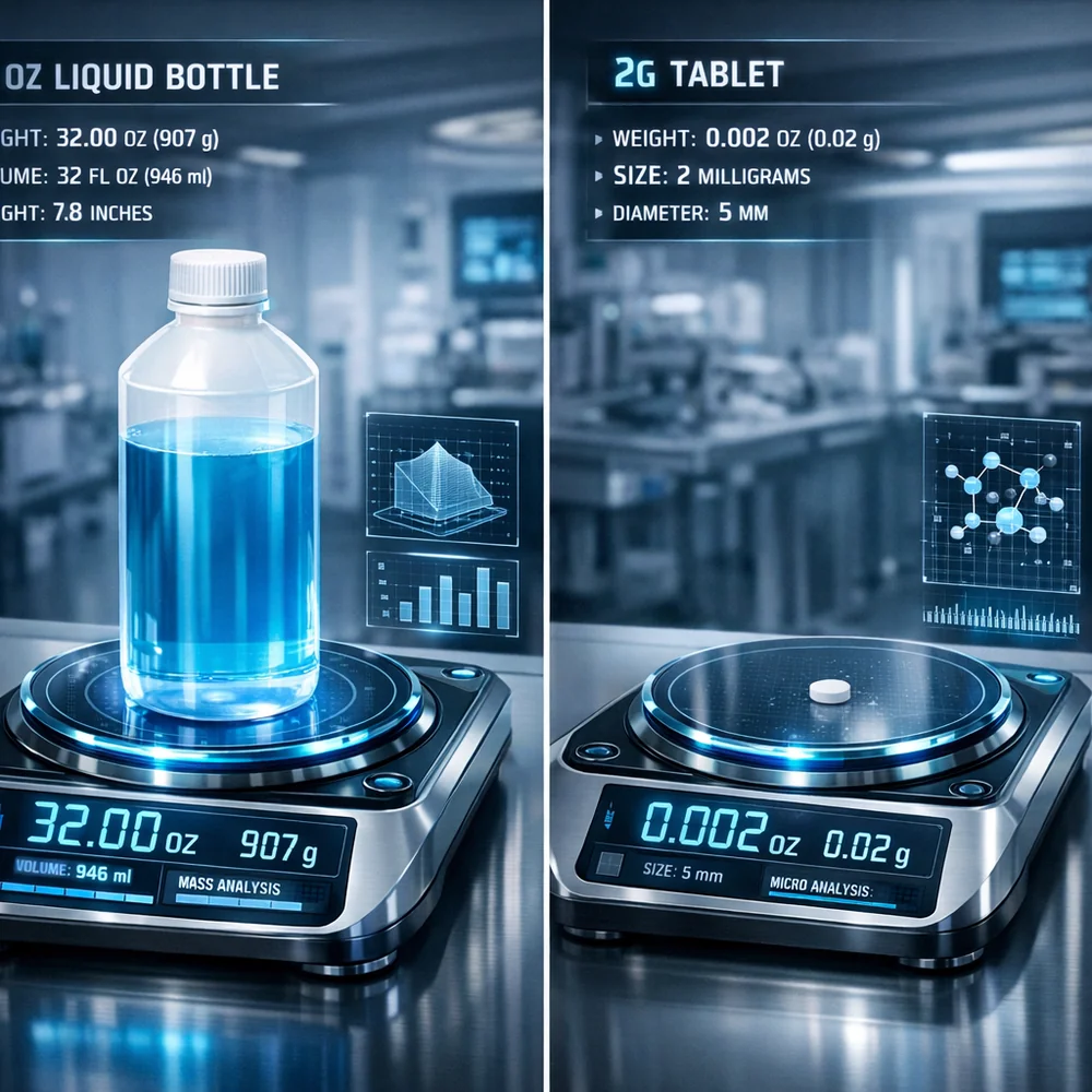 Side-by-side comparison of a heavy 32oz liquid bottle vs a single 2g tablet. High-tech scale visualization, data overlay, professional laboratory aesthetic.