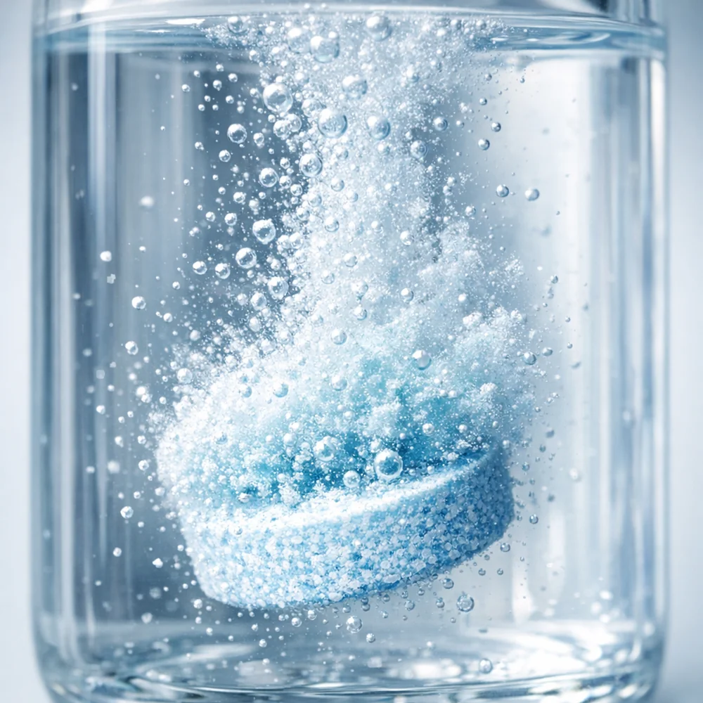 Macro photography of an effervescent cleaning tablet halfway dissolved in a glass bottle, showing the CO2 bubble stream and active ingredient dispersion. Clinical lighting, 8k.