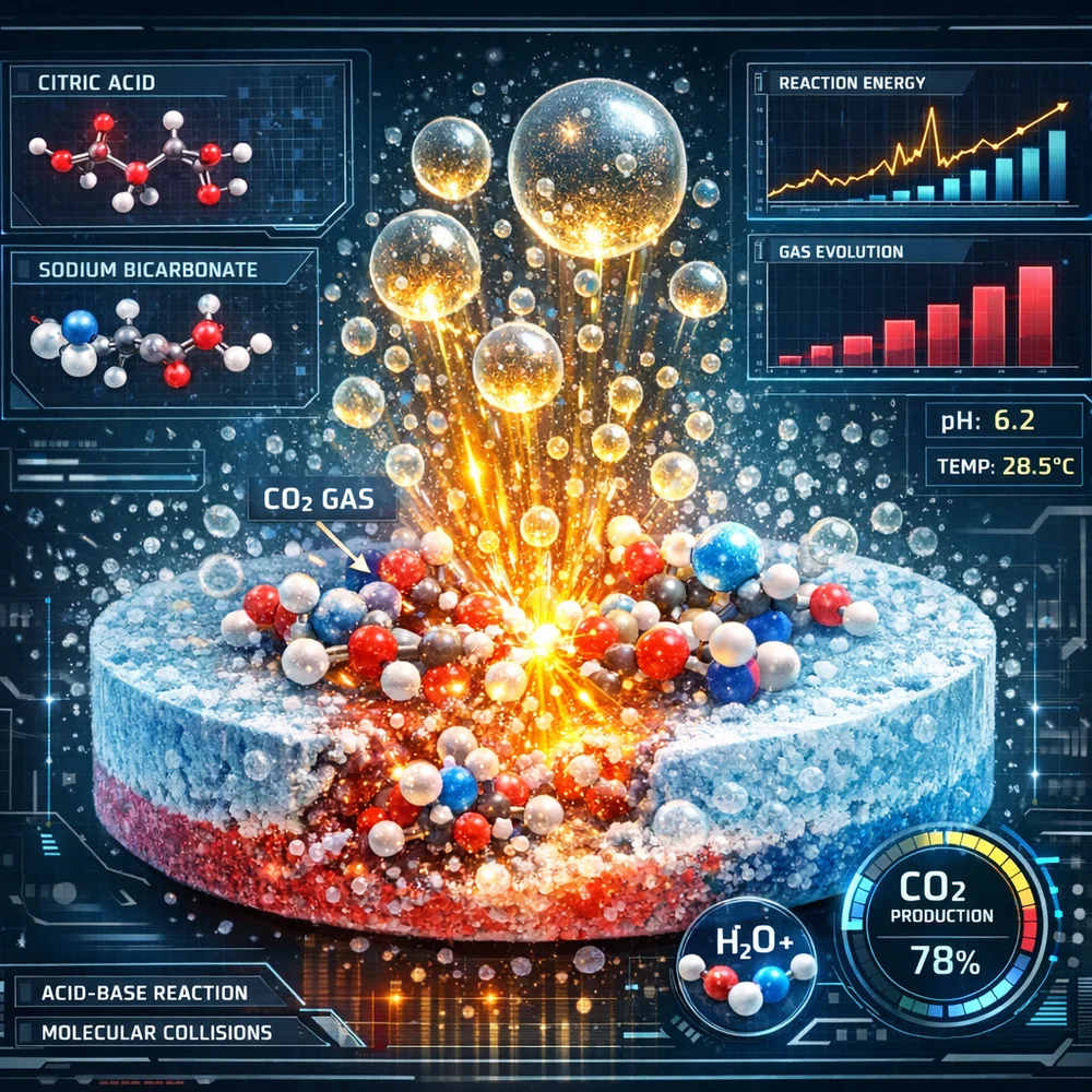 3D render of the acid-base reaction (Citric Acid + Sodium Bicarbonate) inside a cleaning tablet. Visualizing the molecular collisions and gas evolution. Vibrant colors, technical interface.