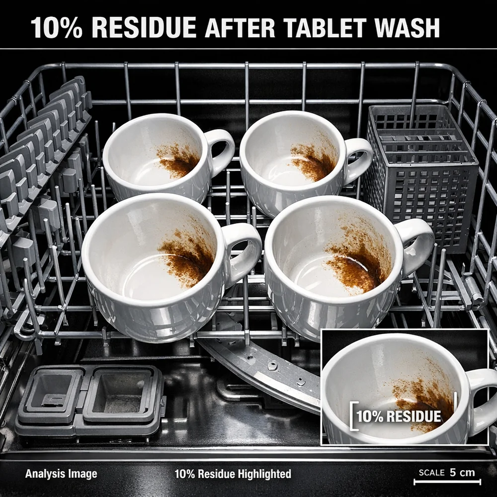 Clinical setup of a dishwasher rack showing 10% residue on coffee cups after a tablet-based wash. Technical diagnostic aesthetic, high-contrast lighting.