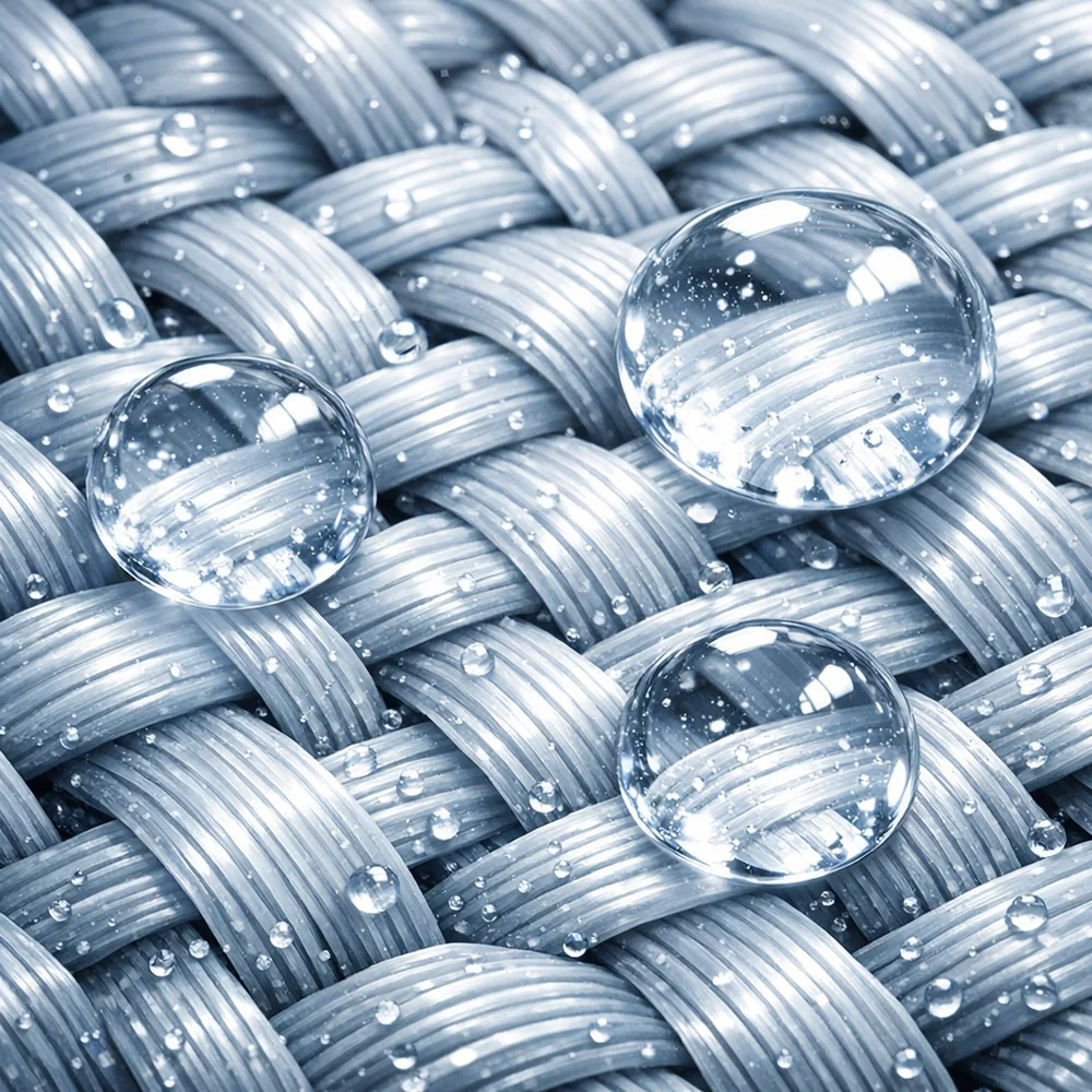 Microscopic view of a 'W' code synthetic matrix (Polyester/Olefin). Shows the smooth, hydrophobic polymer shafts resisting water penetration. High-contrast clinical lighting, hospital-grade aesthetic, 8k resolution, sharp textile detail.