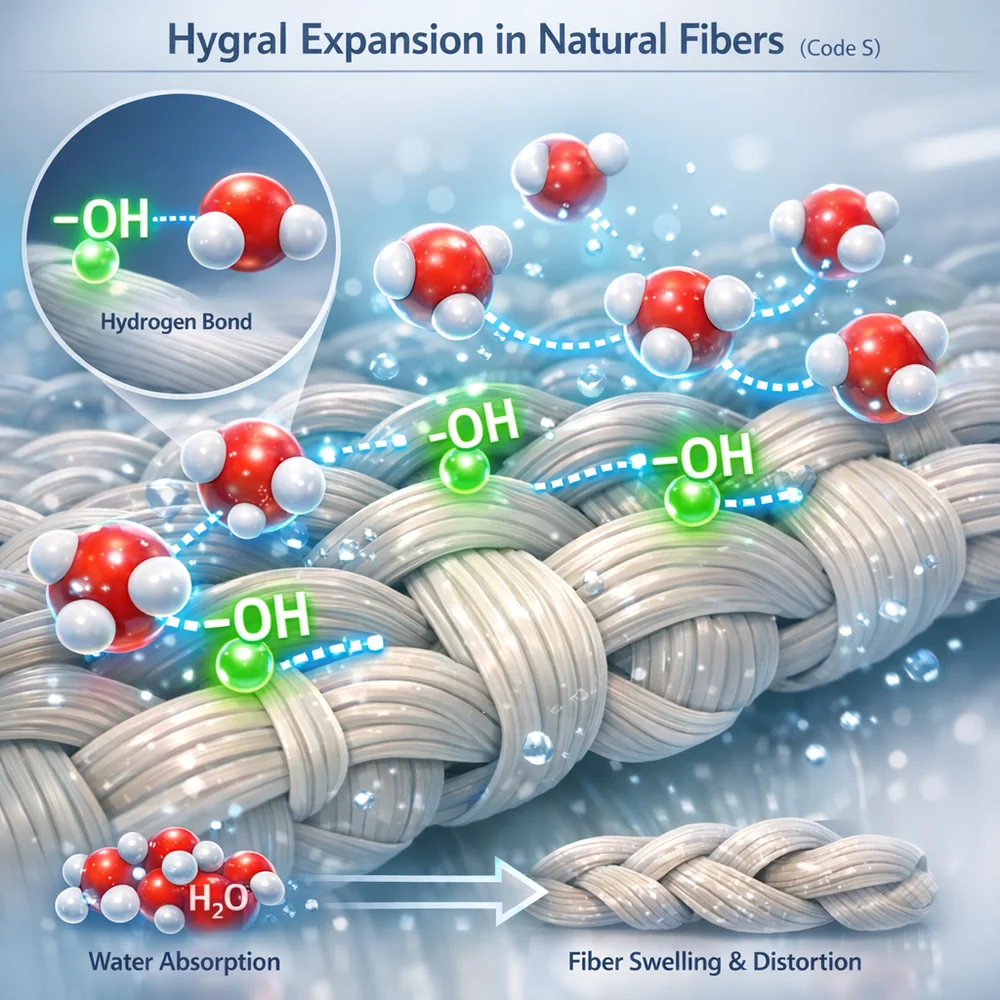 Molecular visualization of 'Hygral Expansion' in natural fibers (Code S). Shows hydroxyl groups (-OH) bonding with water molecules, triggering fiber swelling and weave distortion. Scientific 3D render, glowing chemical markers, clean lab style.