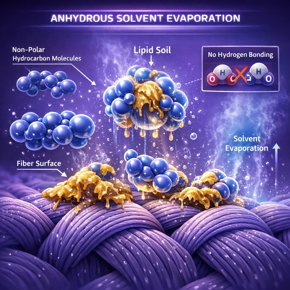 Technical illustration of anhydrous solvent evaporation. Shows non-polar hydrocarbon molecules lifting lipid soils away from a fiber surface without triggering hydrogen bonding. High-tech medical animation style, fluid dynamics, purple and blue palette.