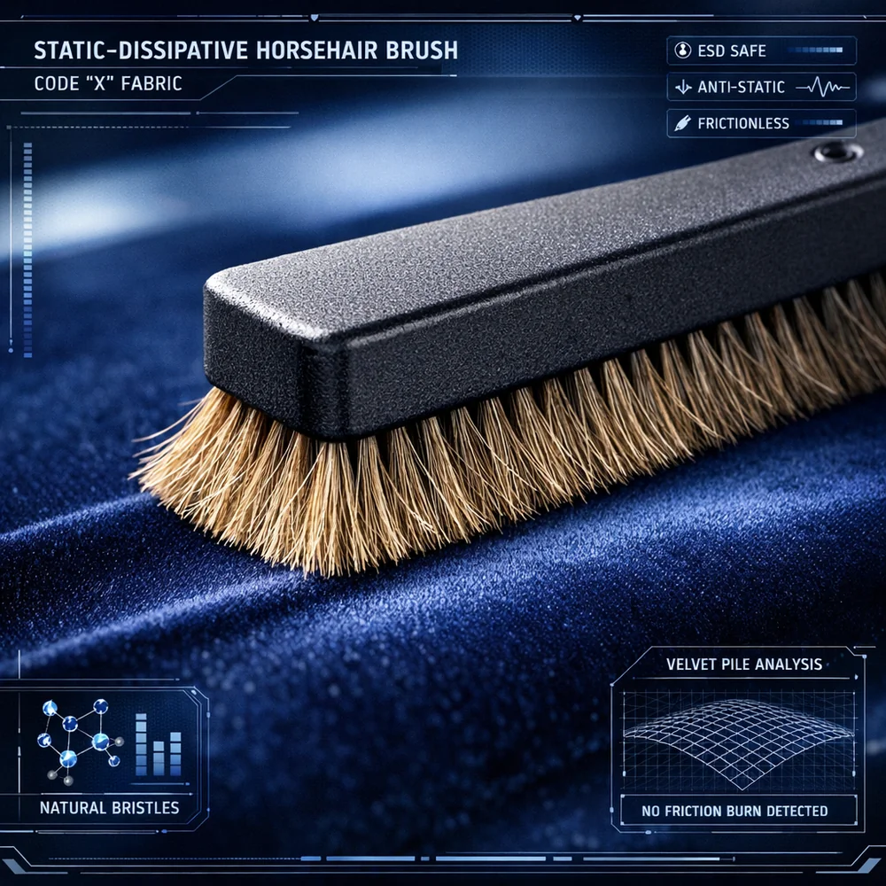Professional laboratory photograph of a static-dissipative horsehair brush tool used for Code 'X' fabrics. The natural bristles are seen gliding over a delicate velvet pile without causing friction burn. Clinical lighting, high-tech interface overlay, 4k resolution.