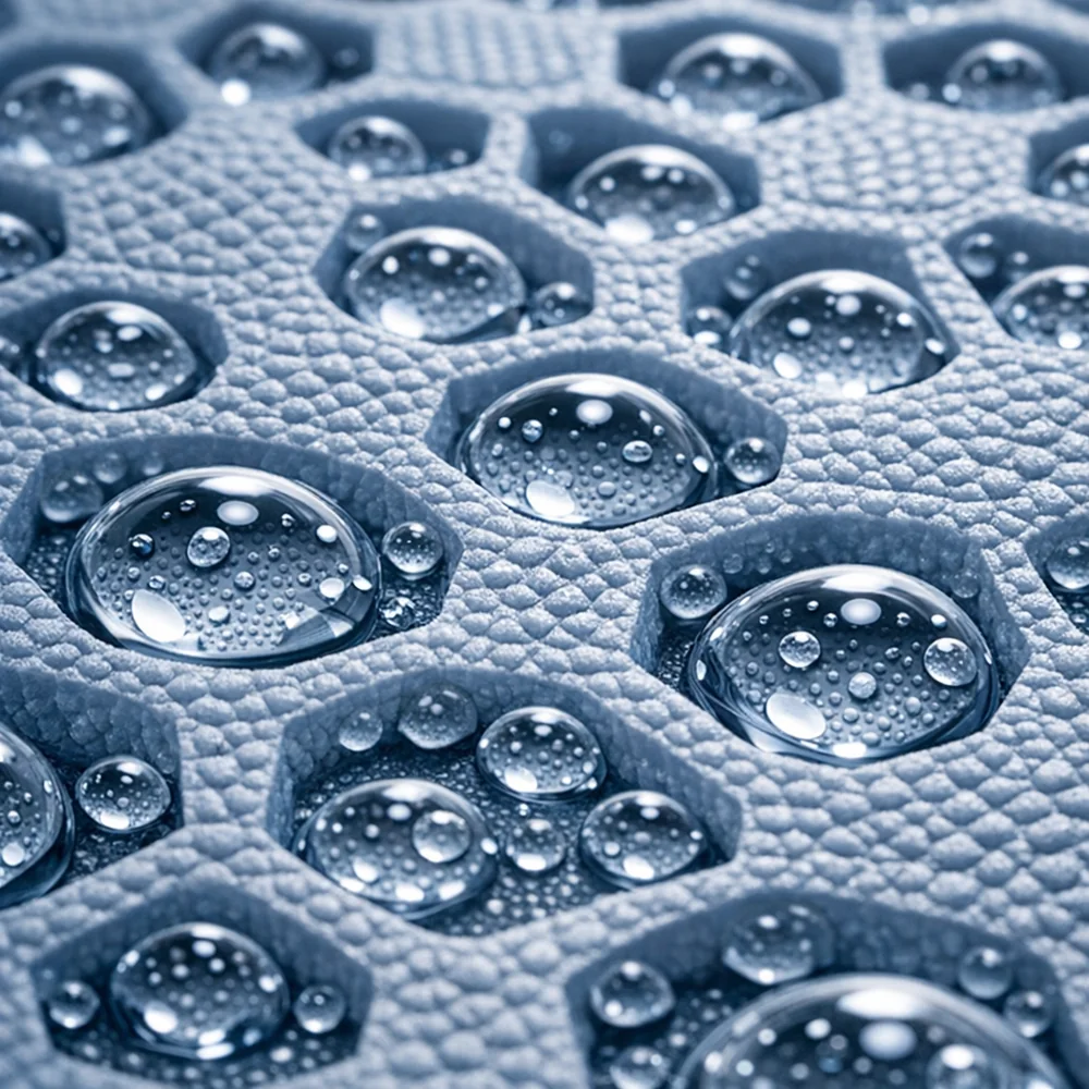 Extreme macro of a yoga mat surface showing the cellular structure of TPE (Thermoplastic Elastomer). Sweat droplets are trapped in the microscopic pits. High-tech scientific rendering, clinical lighting, sterile lab aesthetic, 8k.