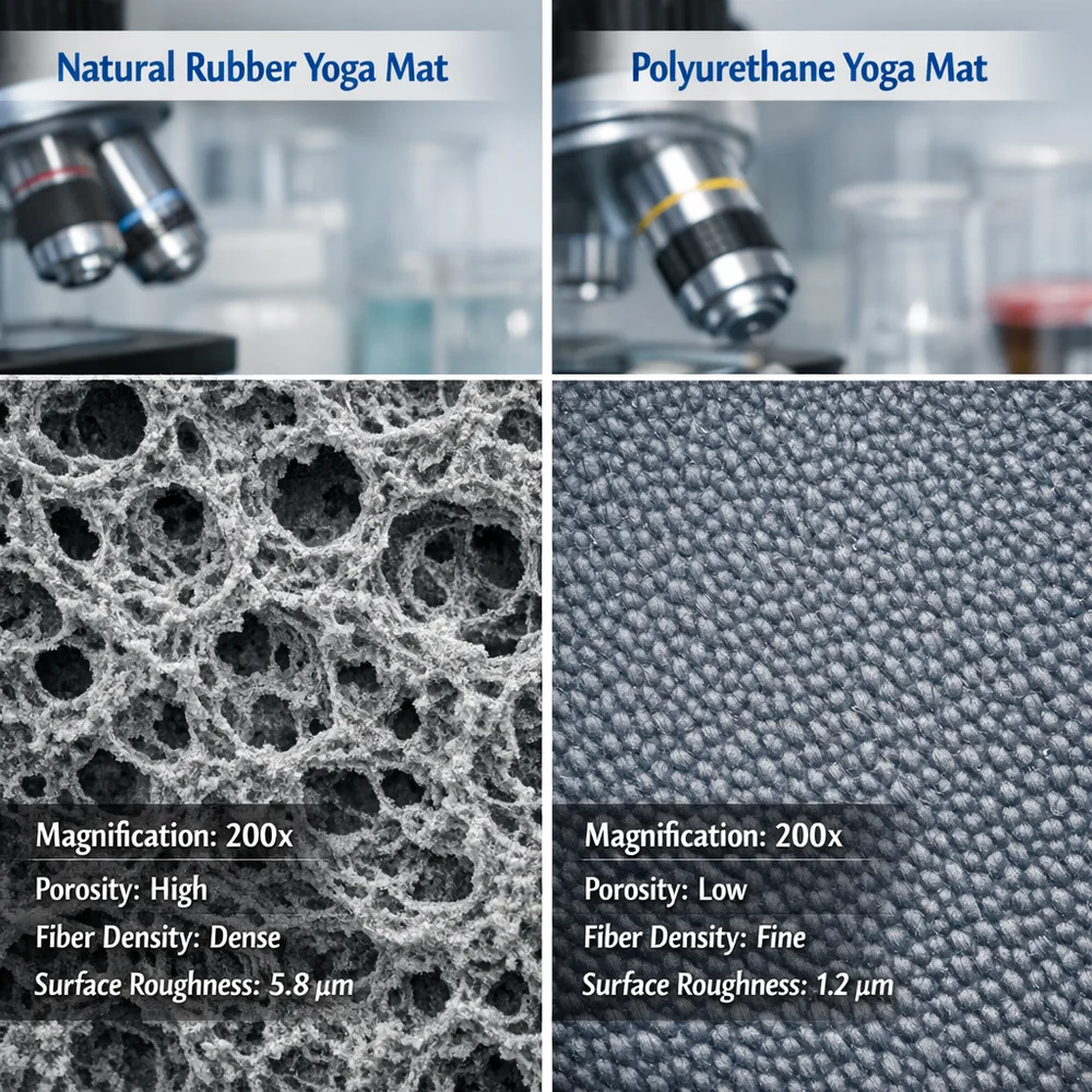 Side-by-side comparison of natural rubber versus polyurethane yoga mat surfaces under high magnification. Visible differences in porosity and fiber density. Clinical laboratory setting, sharp focus, technical data overlay.