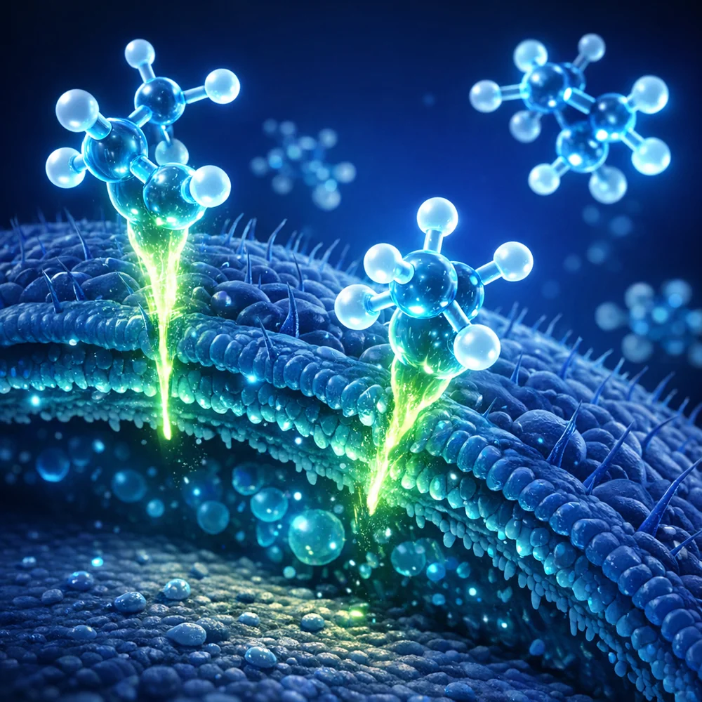 Molecular visualization of Tea Tree Oil (Terpinen-4-ol) molecules interacting with a bacterial cell wall on a mat surface. The molecules are piercing the membrane. Glowing 3D molecular structures, dark blue aesthetic, medical animation style.