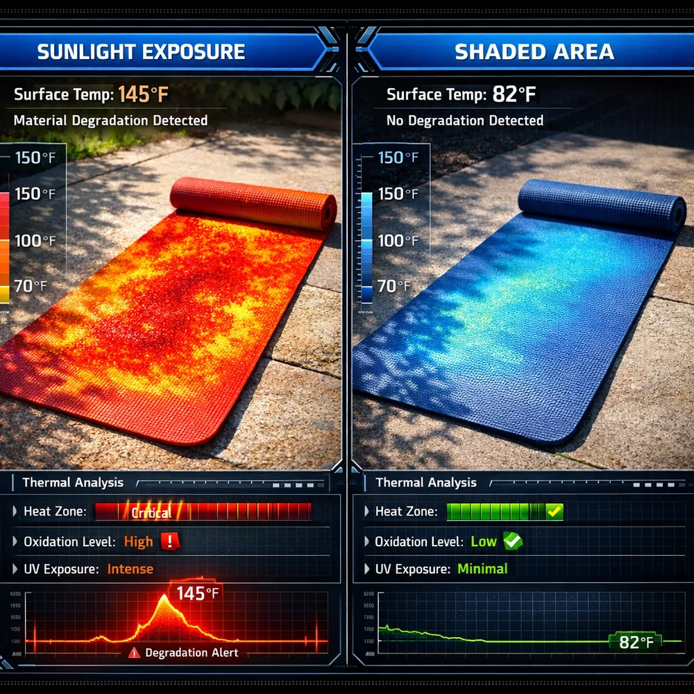 Thermal image of a yoga mat drying in direct sunlight versus a shaded area. High heat zones in red showing material degradation (oxidation) on the sun-exposed mat. Scientific contrast, high-tech interface, photorealistic 8k.