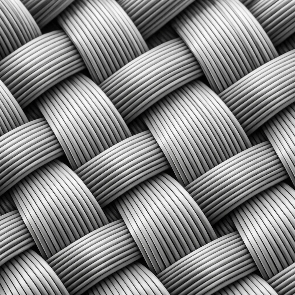Microscopic view of 'Class 100' polyester filament fabric. Shows the perfectly ordered, continuous-filament weave designed to emit zero particles. Scientific monochrome aesthetic, sharp detail, 8k resolution.