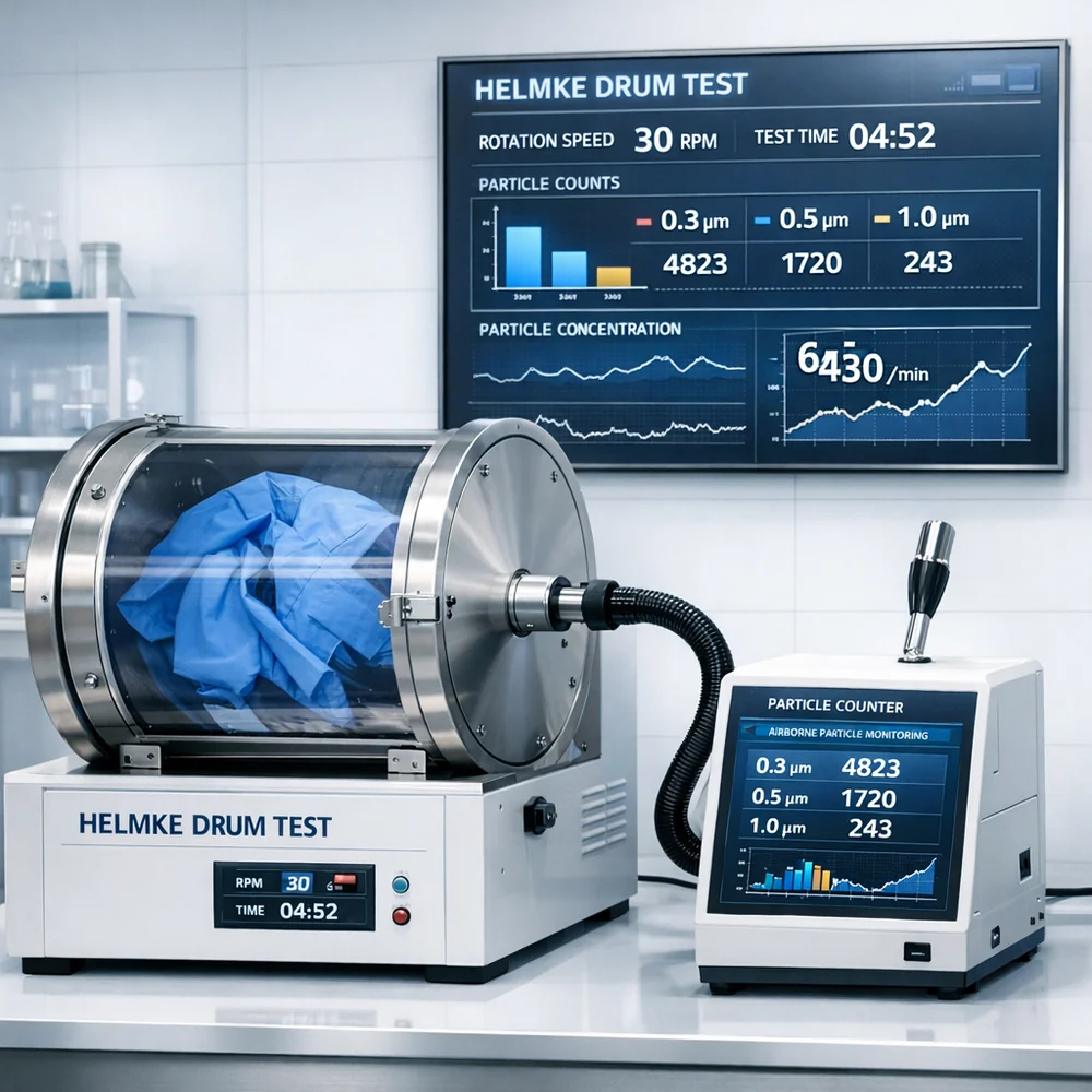 Laboratory setup of a 'Helmke Drum Test'. Shows a garment rotating in a stainless steel drum while an airborne particle counter analyzes emissions. High-tech interface, data-driven visualization, clean lab style.