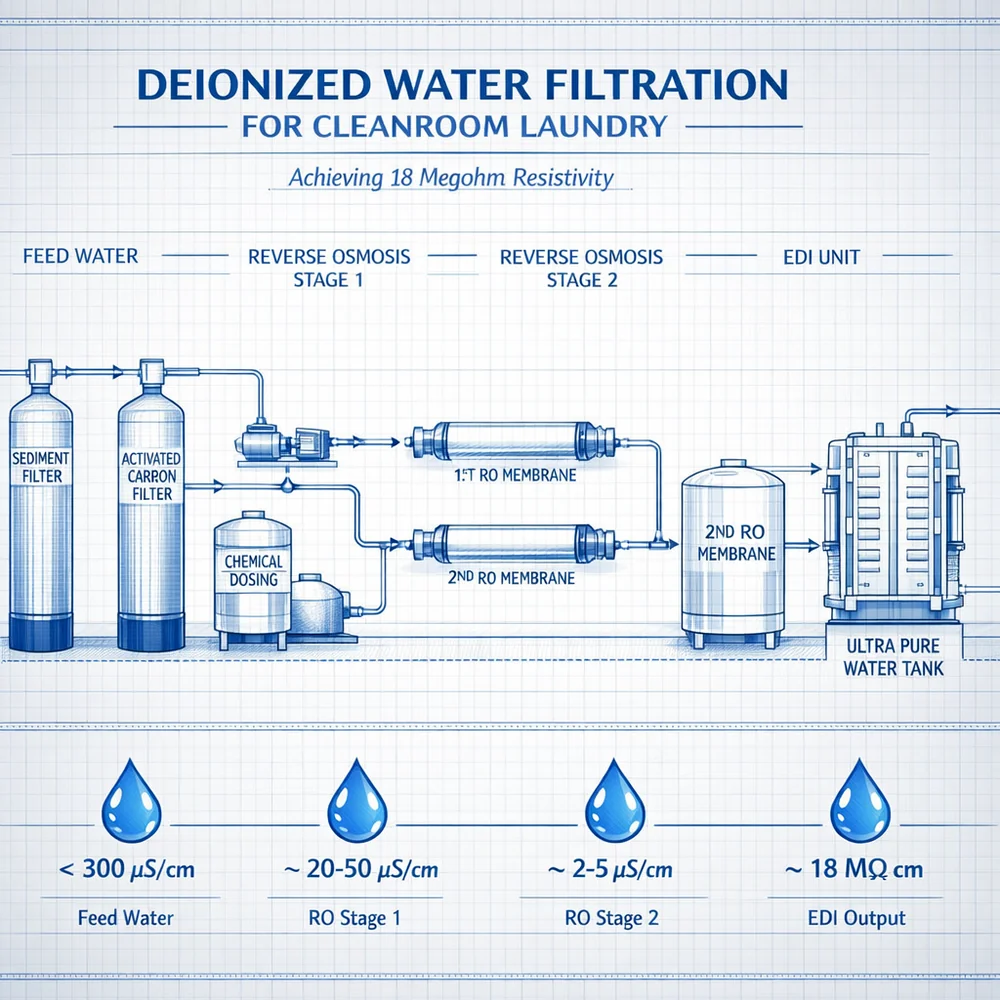 Technical diagram of 'Deionized Water Filtration' for cleanroom laundry. Shows the multi-stage RO and EDI process to achieve 18 megohm resistivity. Engineering blueprint, blue water-purity indicators, clinical aesthetic.