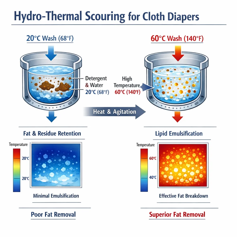 Technical diagram of 'Hydro-thermal Scouring' for cloth diapers. shows how a 60C wash cycle effectively emulsifies fecal lipids compared to 20C. Engineering schematic, thermal heat maps, clinical white background.