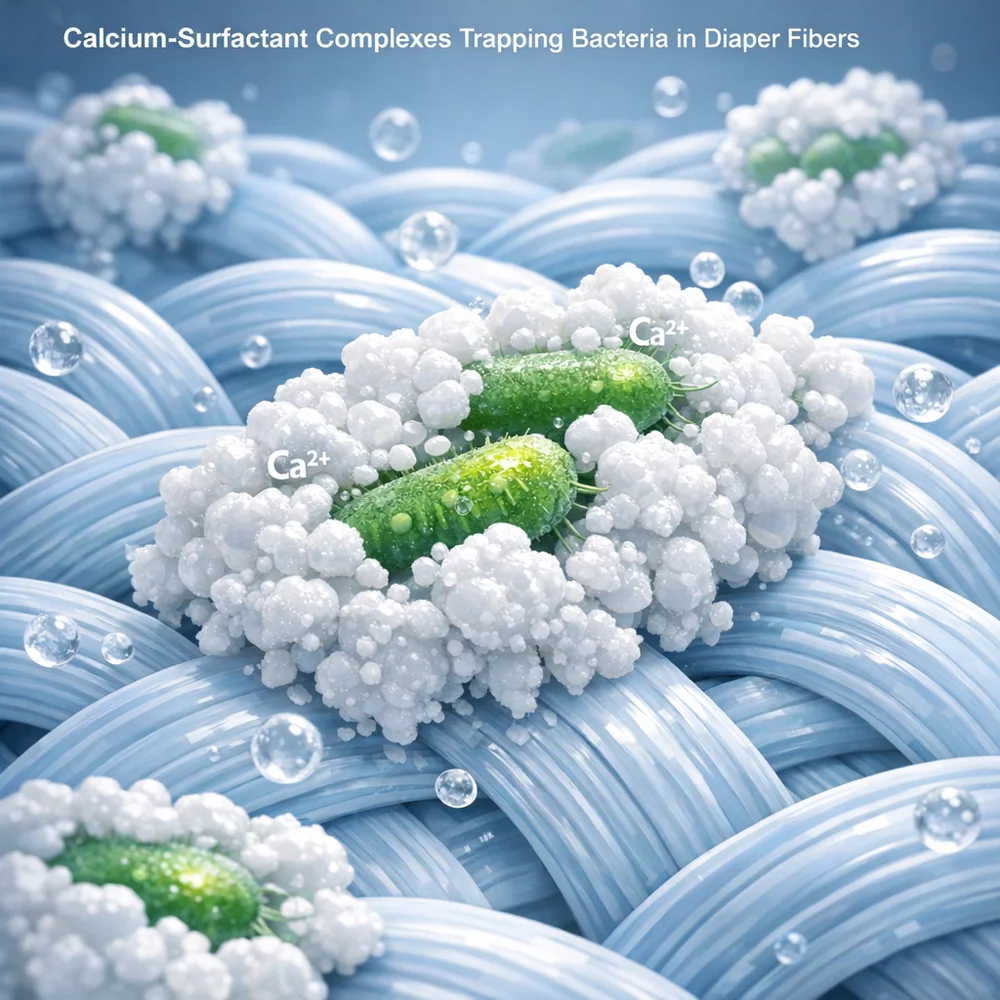 Molecular visualization of 'Calcium-Surfactant Complexes' (soap scum) trapping bacteria in diaper fibers. Shows the insoluble particles as sticky white clusters. High-tech medical animation style, clinical aesthetic, 4k.