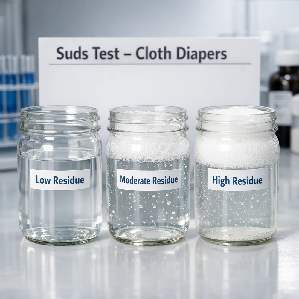 Professional laboratory photograph of a 'Suds Test' for cloth diapers. Shows three jars with varying levels of detergent residue after rinsing. Clinical lighting, sharp focus, 8k resolution.